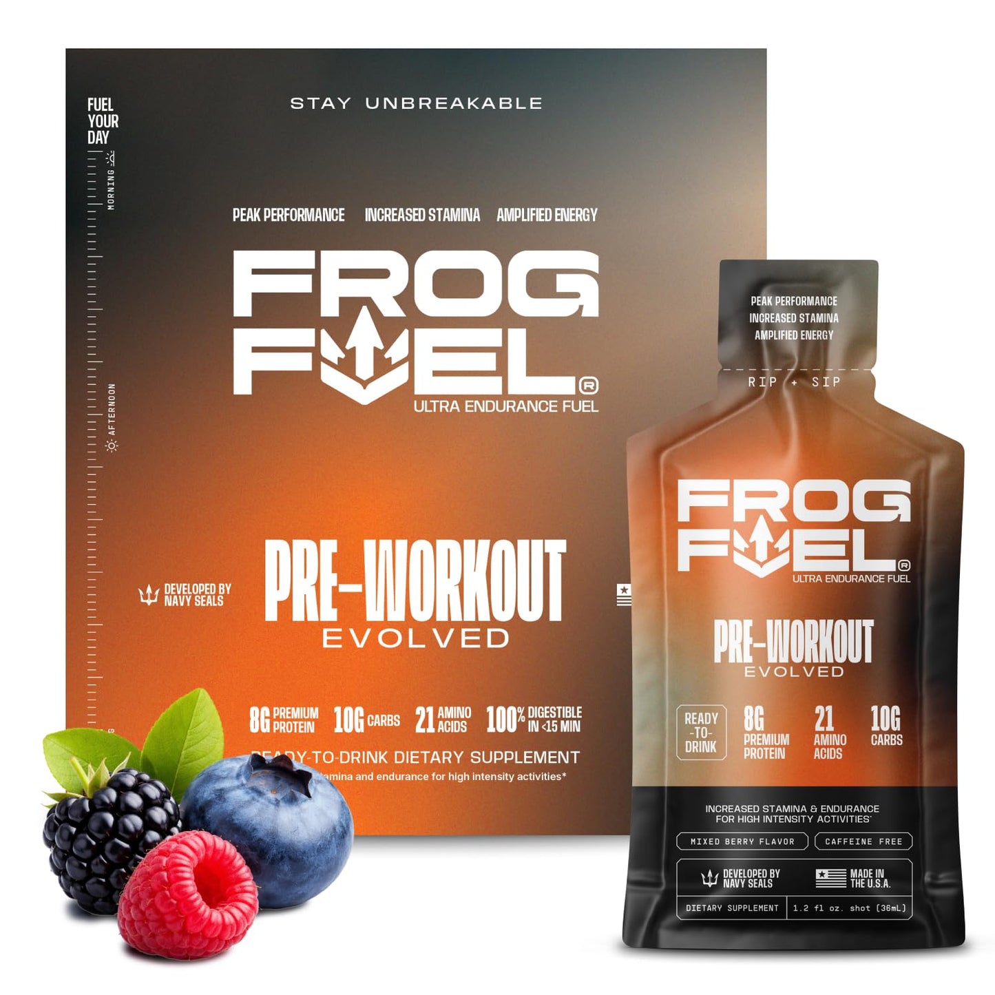 Frog Fuel Ultra Energy Gel & Pre Workout Shot, 120mg Caffeine, Berry, 24 pk | 1500mg Beta Alanine, Electrolytes 8g Protein Nano-Hydrolyzed Grass Fed Collagen, 10g Carbs, Gluten Free, 1.2 oz Gel Packs