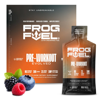 Frog Fuel Ultra Energy Gel & Pre Workout Shot, 120mg Caffeine, Berry, 24 pk | 1500mg Beta Alanine, Electrolytes 8g Protein Nano-Hydrolyzed Grass Fed Collagen, 10g Carbs, Gluten Free, 1.2 oz Gel Packs