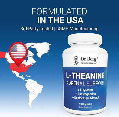 Dr. Berg 600 mg L-Theanine Adrenal Support - 90 Capsules with Ashwagandha & L-Tyrosine, Zinc & Manganese - Advanced 9-in-1 Adaptogen & Mineral Formula - No Fillers*