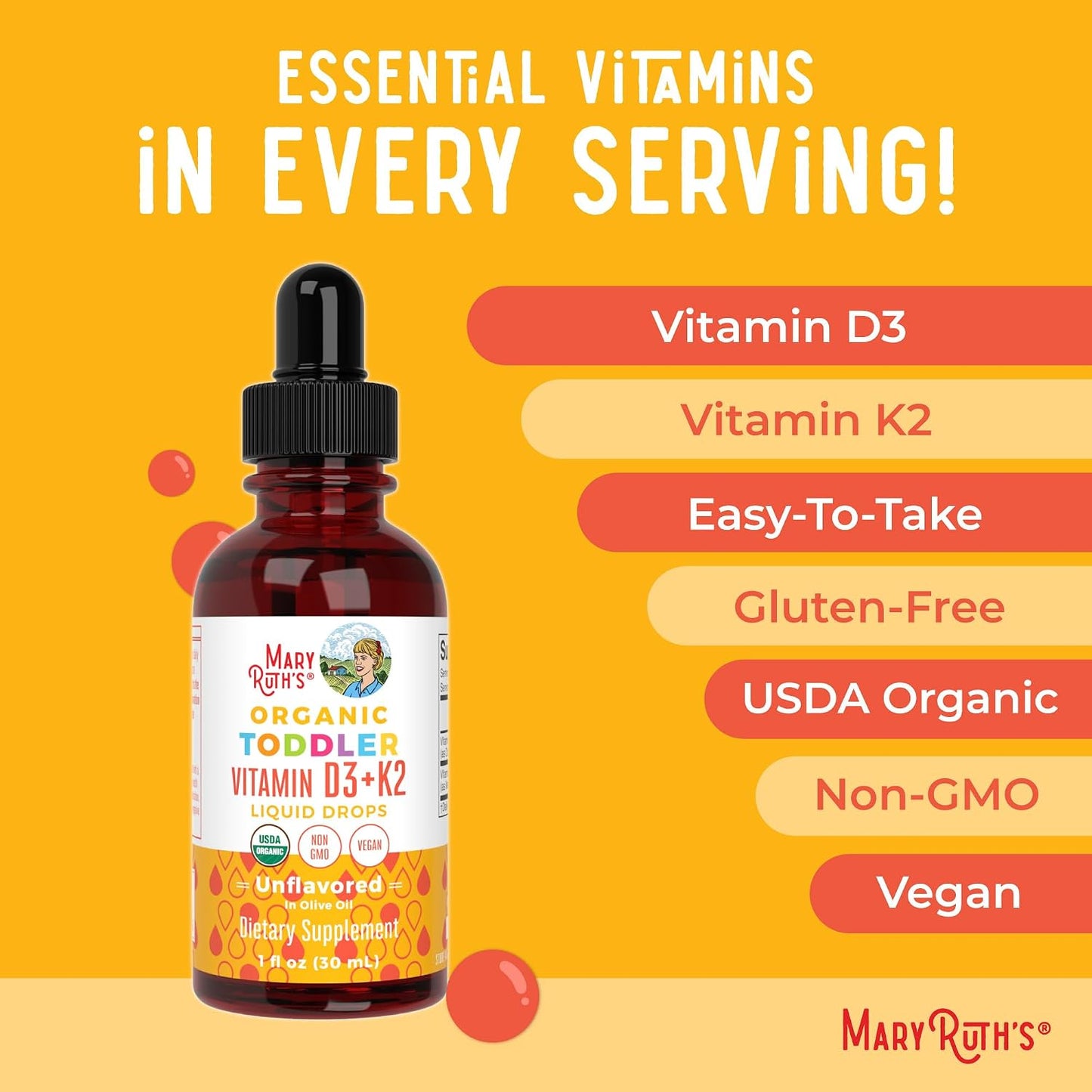 MARYRUTH'S Organics Vitamin D3 | Vitamin K2 | Vitamin D3 K2 Drops | K2 D3 Vitamin Liquid Supplement for Toddlers | Kids Supplement for Calcium Absorption Strong Bones | Vegan | Gluten Free | 1 Fl Oz