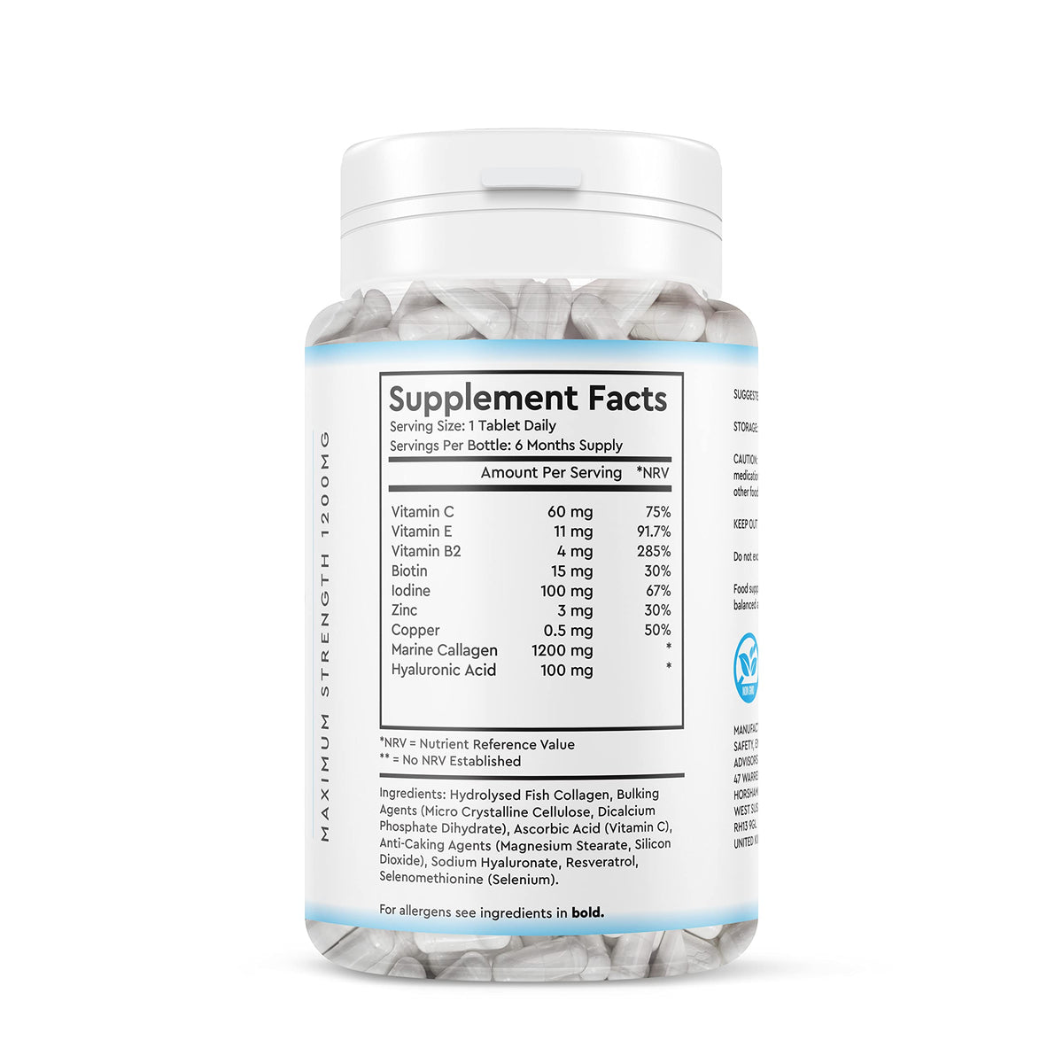 Marine Collagen Peptide Tablets 1200MG - 6 Month Supply - 180 High Strength Collagen Tablets