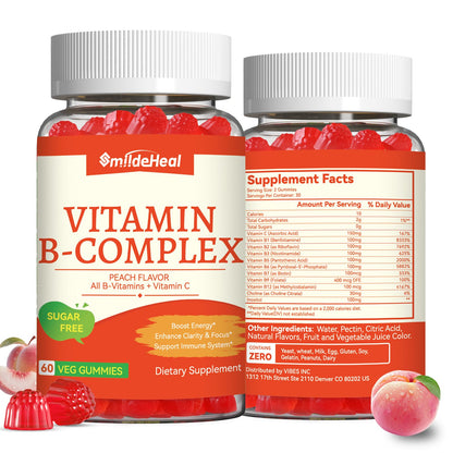 Vitamin B Complex Gummies for Women & Men - All B Complex & B12 - 60 Gummy | Vitamin B12, B1, B2, B3, B5, B6, B7 & B9 with Vitamin C & Choline - Energy & Immune Support* - Vegan, Peach Flavor