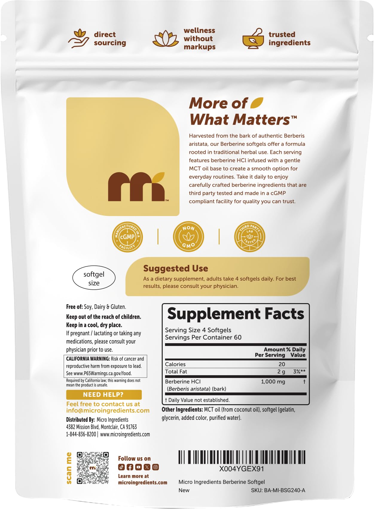 Micro Ingredients Berberine 1000mg with MCT Oil, 240 Softgels | Berberine HCl Supplement | Sourced from Berberis Aristata | Non-GMO, Gluten Free, No Soy