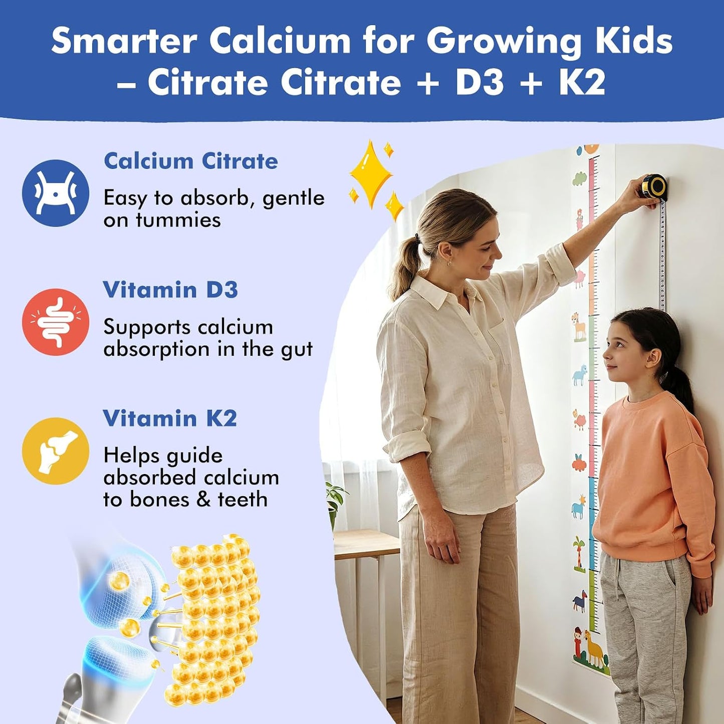 Kids Calcium Citrate Gummies with Vitamin D3 Supplement, Calcium Citrate 300/600 mg with Magnesium Zinc & Multivitamin for Kids 4+ & Teens, Support Bone Muscle & Digestive Health, Sugar Free, 60ct