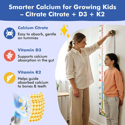 Kids Calcium Citrate Gummies with Vitamin D3 Supplement, Calcium Citrate 300/600 mg with Magnesium Zinc & Multivitamin for Kids 4+ & Teens, Support Bone Muscle & Digestive Health, Sugar Free, 60ct