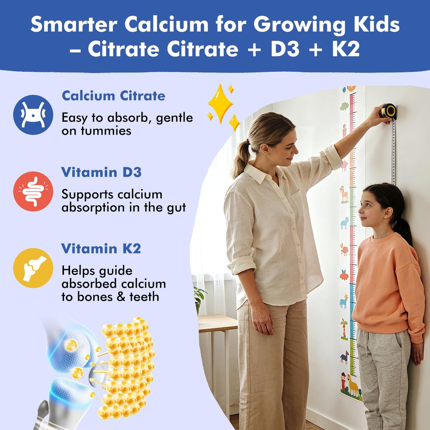 Kids Calcium Citrate Gummies with Vitamin D3 Supplement, Calcium Citrate 300/600 mg with Magnesium Zinc & Multivitamin for Kids 4+ & Teens, Support Bone Muscle & Digestive Health, Sugar Free, 60ct