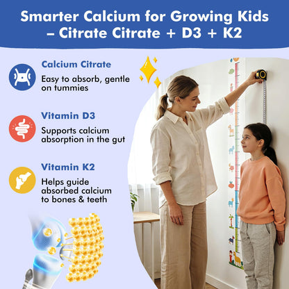 Kids Calcium Citrate Gummies with Vitamin D3 Supplement, Calcium Citrate 300/600 mg with Magnesium Zinc & Multivitamin for Kids 4+ & Teens, Support Bone Muscle & Digestive Health, Sugar Free, 60ct