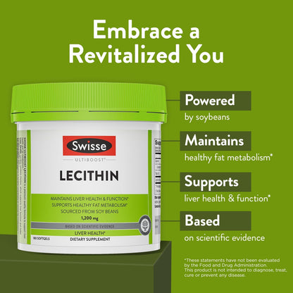 Swisse Soy Lecithin 1200mg Softgels Capsules | Maintains Liver Health and Function * | Supports Fat Metabolism * | Choline Lecithin Supplement 1200 mg | 180 Softgels