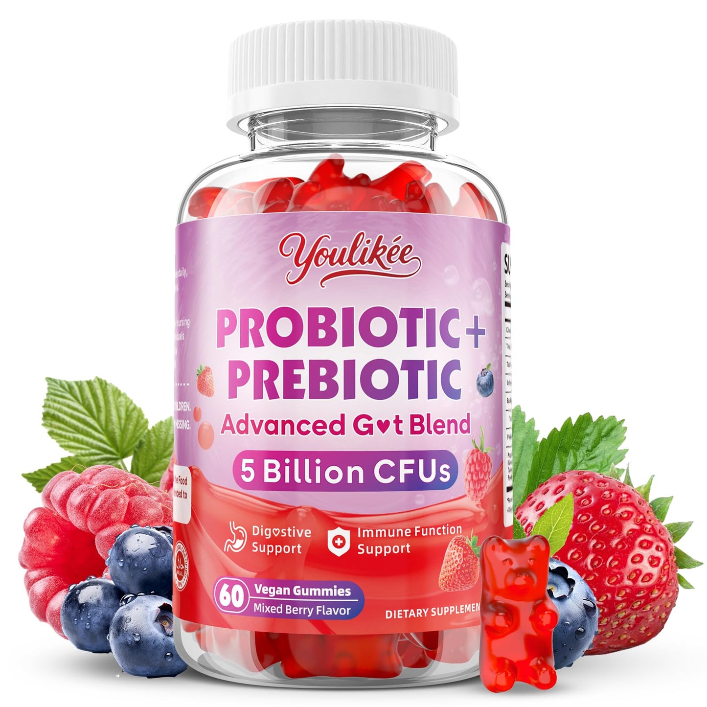 2 Pack Prebiotic + Probiotic Gummies, 5 Billion CFUs with Fibers | Probiotic Gummies for Gut Health Support, Vegan, Sugar-Free, 120 Count