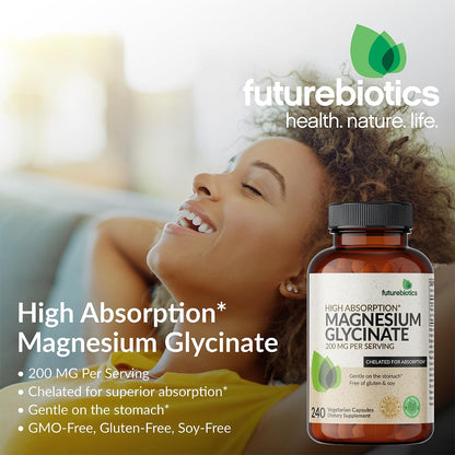 Futurebiotics Magnesium Glycinate 200 MG per Serving Chelated for High Absorption, Gentle On Stomach, Non-GMO, 60 Vegetarian Capsules