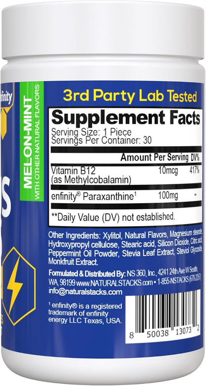 Paraxanthine Focus Bites 100mg, Caffeine Free Energy, 30 Melon Mint Chews | Enfinity paraxanthine supports attention and productivity with a smooth, jitter free lift. Great for afternoons.