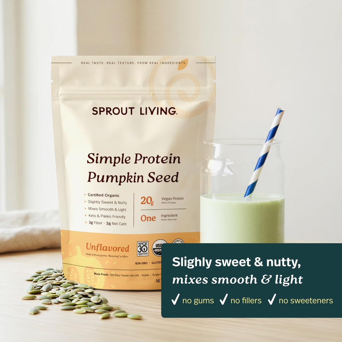 Sprout Living Organic Pumpkin Seed Protein Powder, Unflavored, 20 Grams of Plant Based Protein Powder Without Artificial Sweeteners, Non Dairy, Non-GMO, Vegan, Gluten Free (1 Pound, 14 Servings)