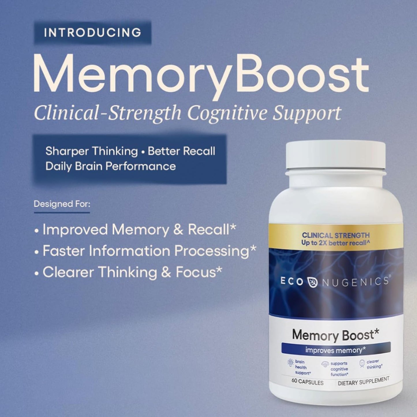 EcoNugenics Memory Boost Supplement – Clinically Studied Ingredients to Support Brain Focus & Health – Nootropic Formula with Bacopa Monnieri, Boswellia Serrata & Ginkgo Biloba Extract – 60 Capsules