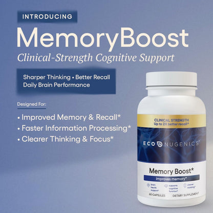 EcoNugenics Memory Boost Supplement – Clinically Studied Ingredients to Support Brain Focus & Health – Nootropic Formula with Bacopa Monnieri, Boswellia Serrata & Ginkgo Biloba Extract – 60 Capsules