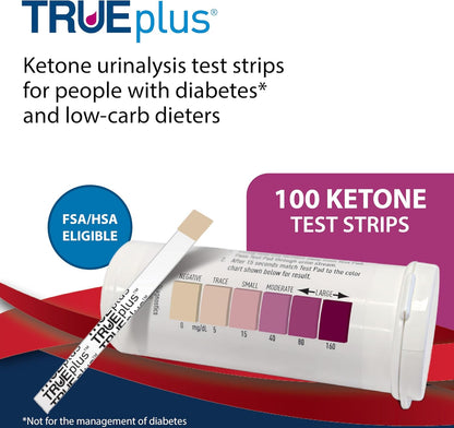TRUEplus Ketone Test Strips, Urinalysis Test Sticks, 100 Count | Checks for Ketones in Urine, Fast and Easy Testing at Home, Ideal for Low-Carb Dieters and People with Diabetes
