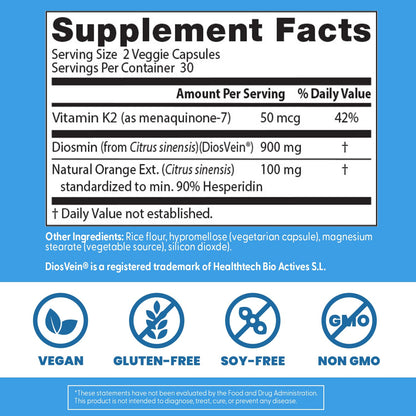 Doctor's Best Vein Support Supplement - Contains Diosmin & Hesperidin, Circulation Support for Legs & Feet, for Men & Women, Formula with Vitamin K2 & Natural Orange Extract, Vegan - 60 Veg Caps
