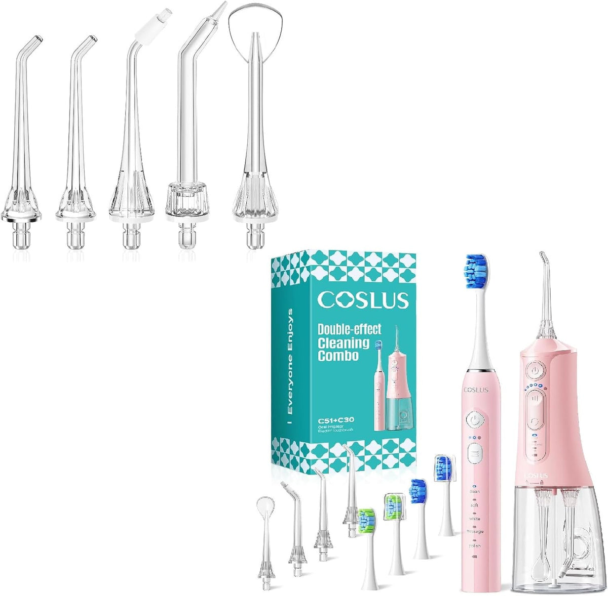 COSLUS Electric Toothbrush with Water Flosser Combo & Replacement Jet Tips