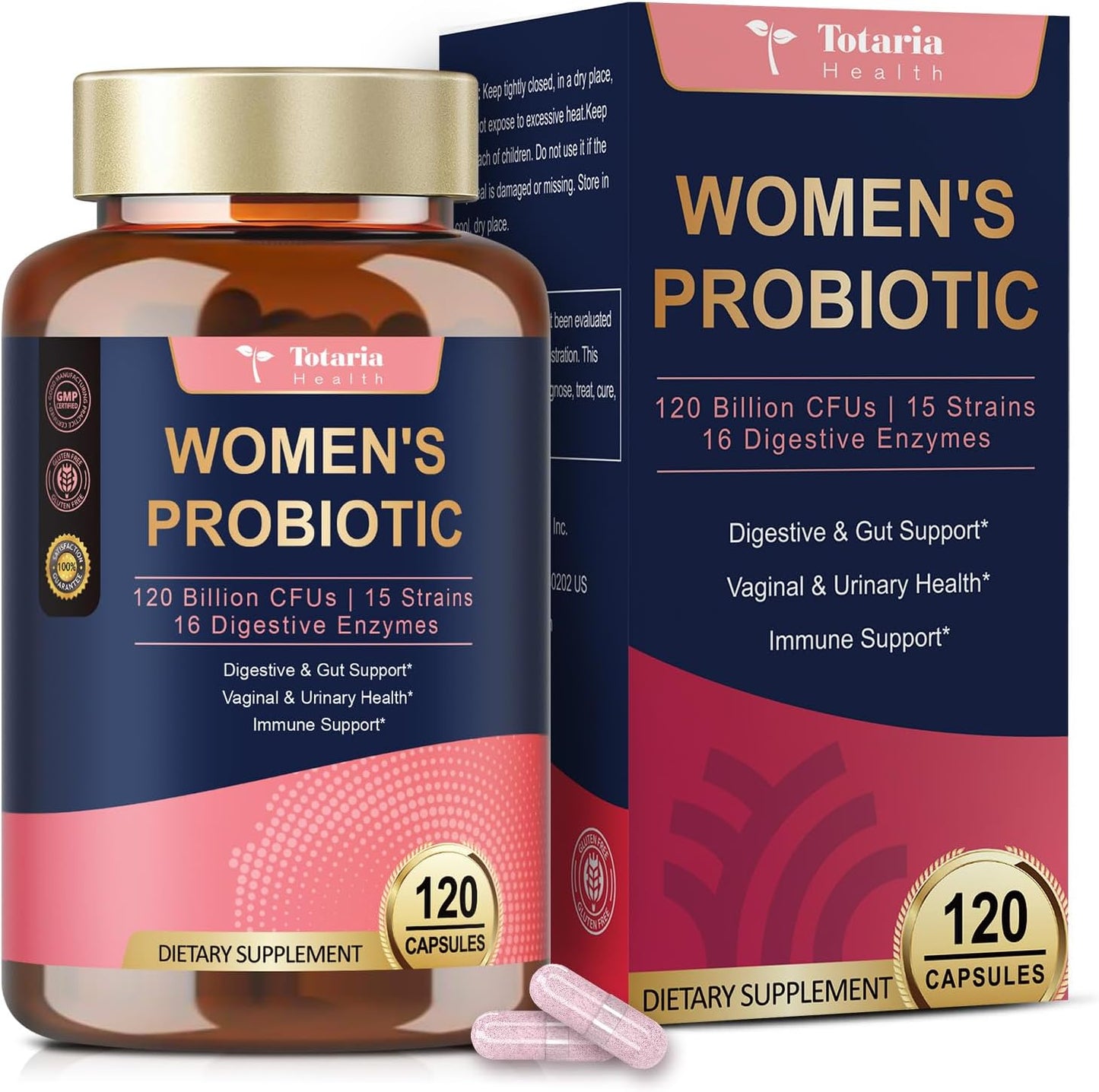 Totaria Probiotics for Women, 120 Billion Women Probiotic, with Akkermansia, Digestive Enzymes & Prebiotics, Cranberry, D-Mannose, for Gut, Vaginal, Urinary, Immune, PH Balance, 120 Vegan Capules