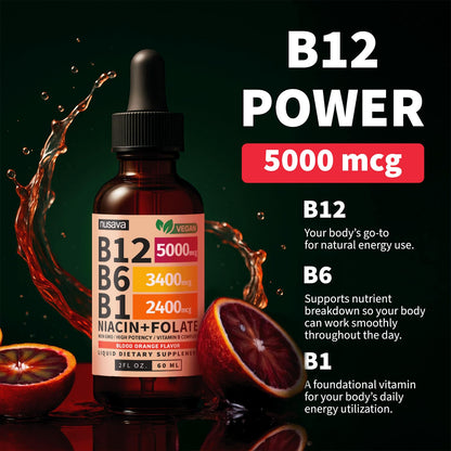 NUSAVA (2 Pack) Vitamin B12 Liquid Drops with B6, B1, Niacin & Folate — B12 Sublingual Vitamin B Complex, Methylcobalamin 5000 mcg, for Energy, Brain & Heart Support, Raspberry Flavor, 80 Servings