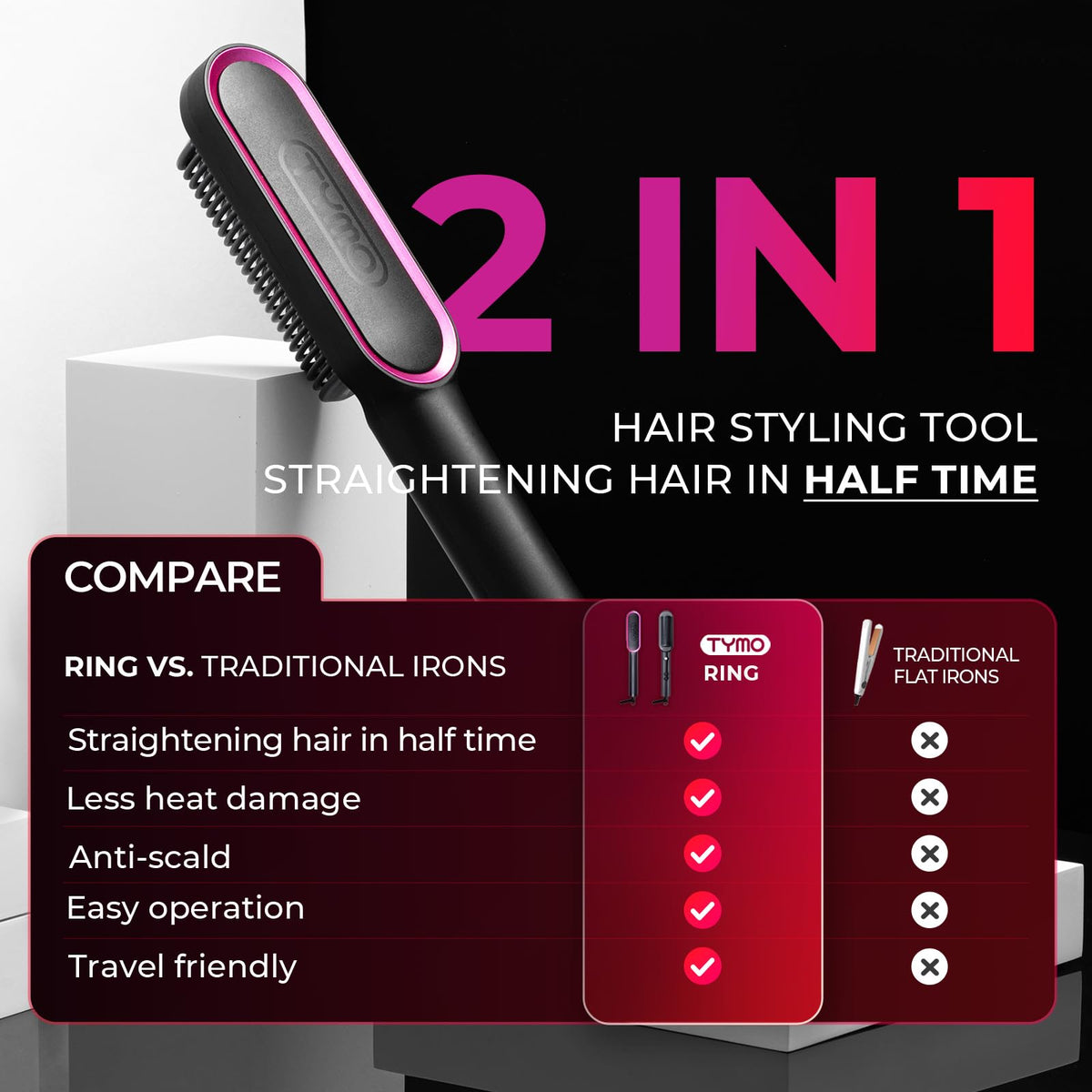 Hair Straightener Brush, TYMO Ring Hair Straightener Comb Straightening Brush