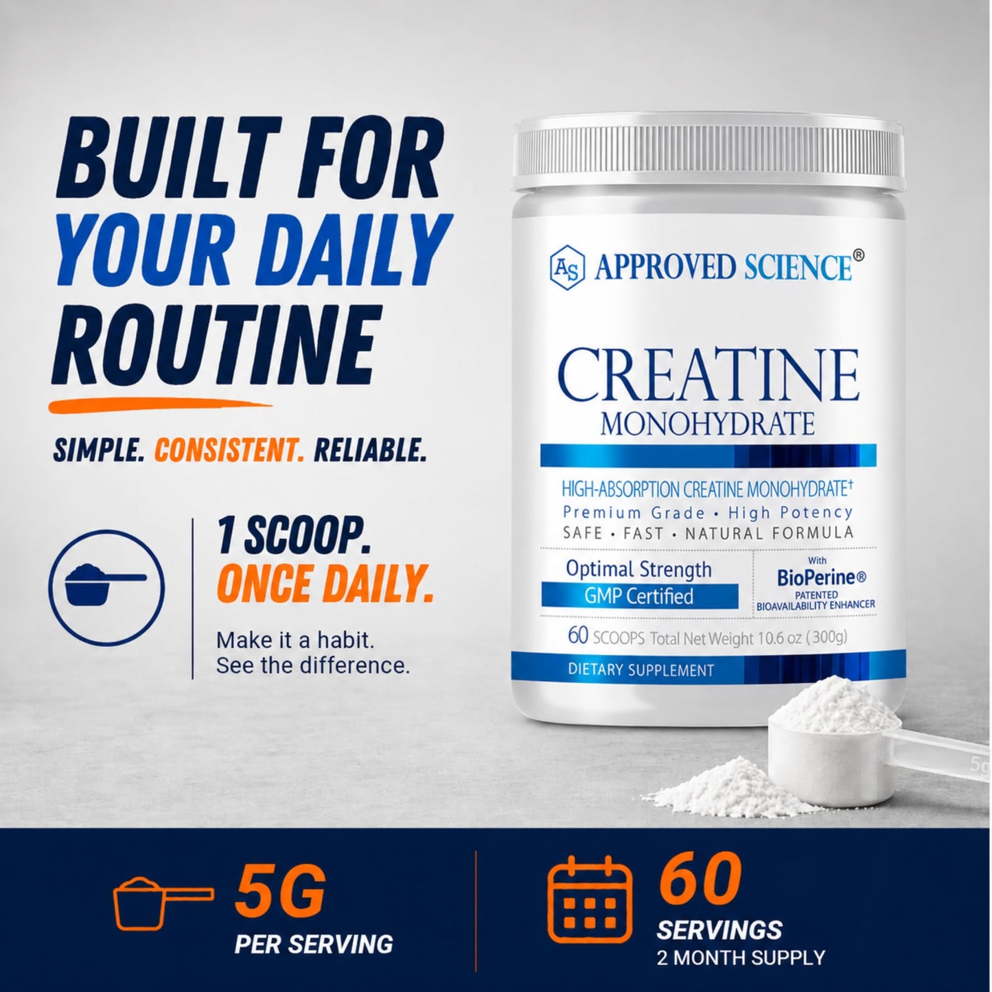 Approved Science Creatine Monohydrate Powder – with BioPerine – Supports Strength, Lean Muscle & Recovery – 5 g Per Serving – Unflavored Creatine Powder – Non-GMO, Vegan – 60 Servings