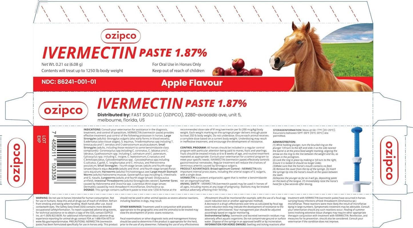 Ivermectin Horse Paste 1.87% | Apple Flavor – 6.08g Syringe for Equine Use Only Up to 1250 LB