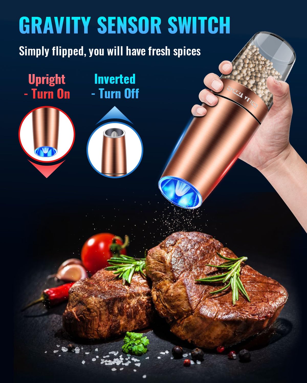 Gravity Electric Pepper and Salt Grinder Set, Adjustable Coarseness, Battery Powered