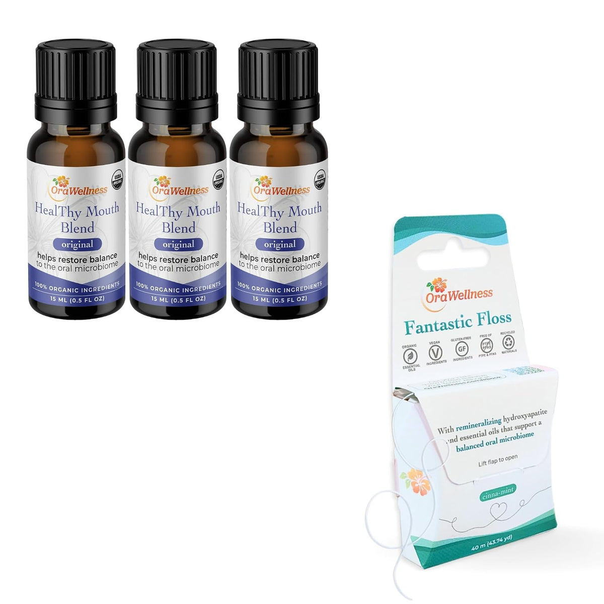 OraWellness Healthy Mouth Blend Tooth Oil 3 Pack + Fantastic Floss Waxed Dental Floss with Hydroxyapatite for Tooth & Gum Repair