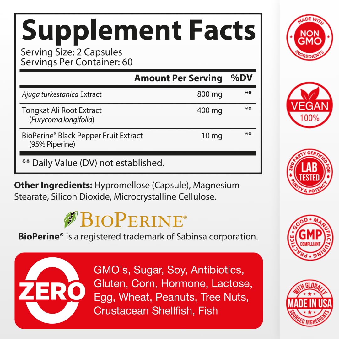 Benevolent Turkesterone with Tongkat Ali & BioPerine (Max Absorption) - High Potency 800mg Turkesterone Supplement for Men & Women - Increase Stamina, Muscle Growth, Recovery, 2 Months Supply