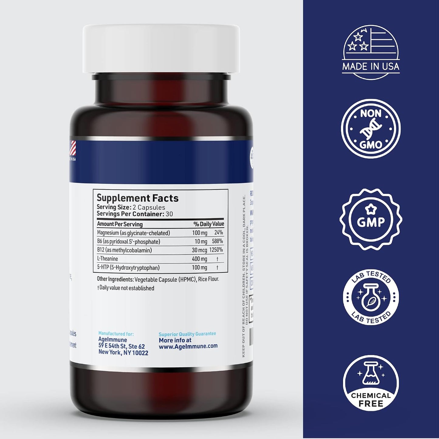 5-HTP 100mg with L-Theanine 400 mg Formula for Stress Relief and Relaxation Support for Teens and Adults with Vitamins B6 - B12 and Magnesium Bisglycinate - Doctor Formulated – without stearates.