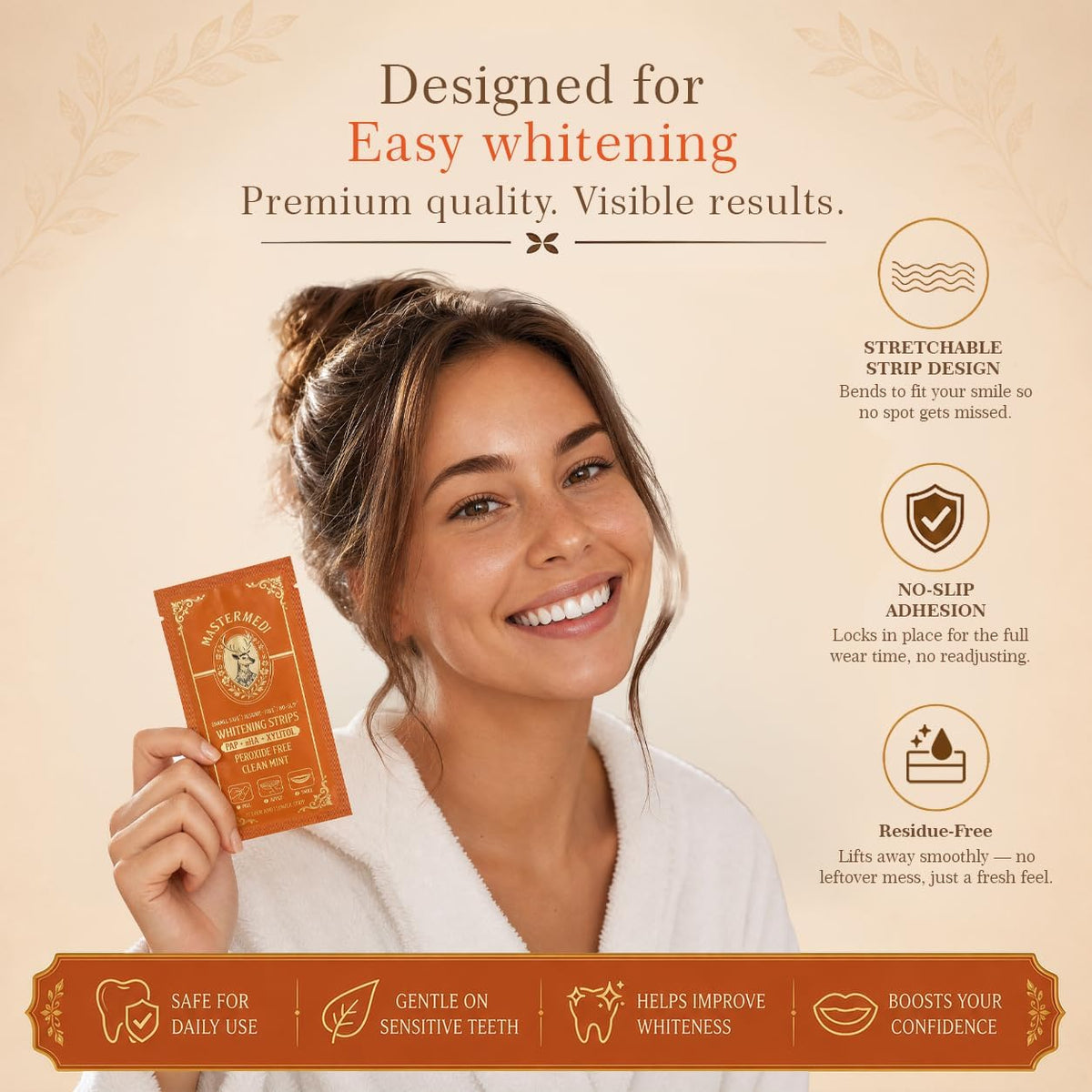 MasterMedi 3-in-1 Formula Teeth Whitening Strips Kit, 42 Strips (21 Treatments) with PAP, Nano Hydroxyapatite & Xylitol. Enamel Safe, Peroxide-Free, No-Slip Technology for Sensitive Teeth (Clean Mint)