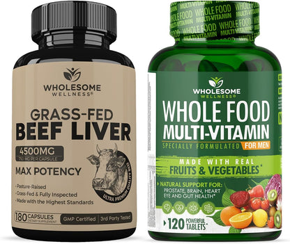 Grass Fed Desiccated Beef Liver Capsules (180 Pills, 750mg Each) + Whole Food Multivitamin for Men - Natural Multi Vitamins, Minerals, Organic Extracts Bundle