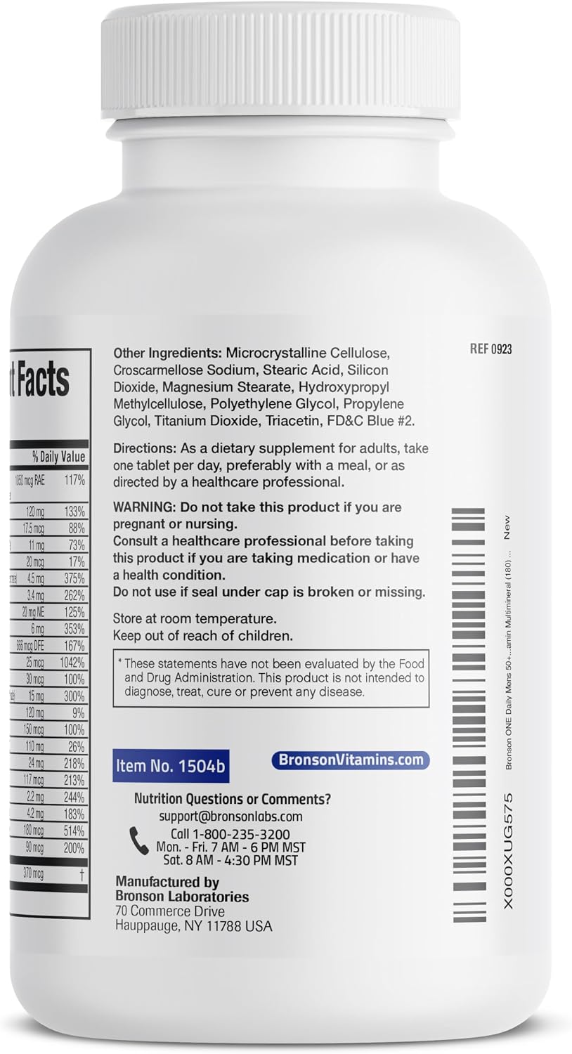 Bronson ONE Daily Mens 50+ Complete Multivitamin Multimineral, 180 Tablets | Once-Daily, Targeted Nutrition For Active Men Over 50, Non-GMO, Gluten-Free, Soy-Free