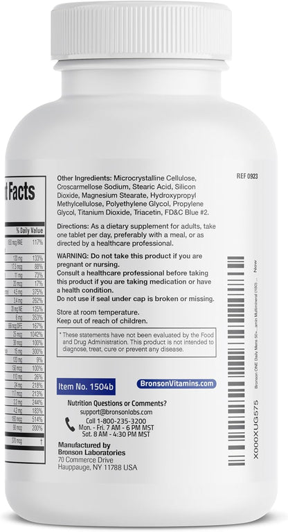 Bronson ONE Daily Mens 50+ Complete Multivitamin Multimineral, 180 Tablets | Once-Daily, Targeted Nutrition For Active Men Over 50, Non-GMO, Gluten-Free, Soy-Free