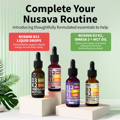 NUSAVA (2 Pack) Vitamin B12 Liquid Drops with B6, B1, Niacin & Folate — B12 Sublingual Vitamin B Complex, Methylcobalamin 5000 mcg, for Energy, Brain & Heart Support, Raspberry Flavor, 80 Servings