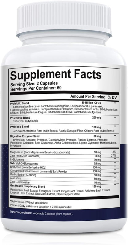 Migcopat Probiotic Prebiotic, Postbiotic & Digestive Enzymes for Digestive Health, 80 Billion CFU Probiotics Complete Gut Support with Berberine, Cinnamon, L-Glutamine, for Men & Women, 120 Capsules