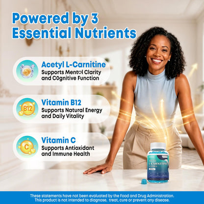 2 Pack Sugar Free Acetyl L-Carnitine Gummies, L-Carnitine Supplement for Women & Men, with Vitamin C & B12, ALCAR for Energy, Brain & Heart Health Support, Vegan, Non-GMO, 120 Count