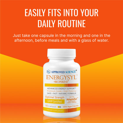 Approved Science Energysyl - Caffeine Free - with Adaptogens, B Vitamins, and Bioperine - 1 Month Supply - 60 Capsules - Made in The USA