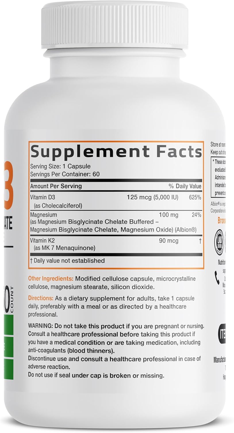 Bronson Vitamin K2+D3 Magnesium Glycinate Supplement, 60 Capsules | 3-in-1 Bone & Heart Health Support Formula, Non-GMO, Gluten Free, Soy Free