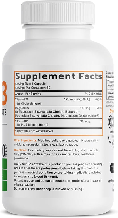 Bronson Vitamin K2+D3 Magnesium Glycinate Supplement, 60 Capsules | 3-in-1 Bone & Heart Health Support Formula, Non-GMO, Gluten Free, Soy Free