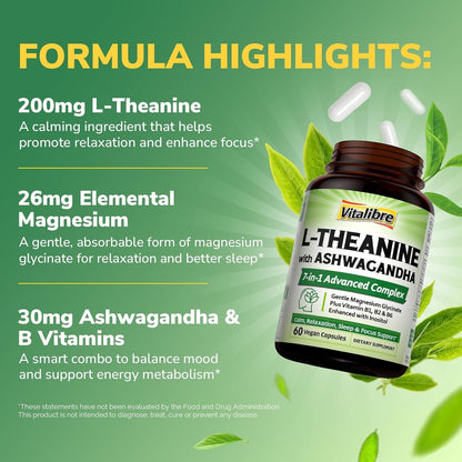 Vitalibre L Theanine Supplement 200mg | 7 in 1 L-Theanine with Magnesium Glycinate, Ashwagandha, Inositol, Vitamin B1 B2 B6 | No Gluten, for Calm, Relaxation, Sleep & Focus Support, 60 Vegan Caps