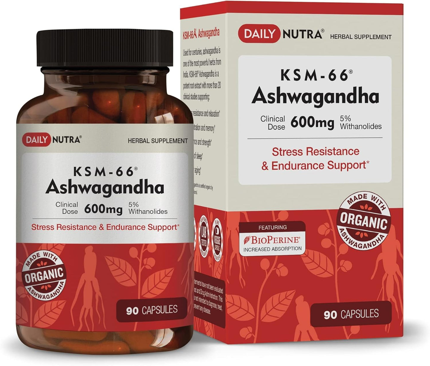 DailyNutra KSM-66 Ashwagandha 600mg Organic Root Extract - High Potency Supplement with 5% Withanolides | Relieves Tiredness, Supports Relaxation, Focus, Energy, & Muscle Growth (90 Capsules)
