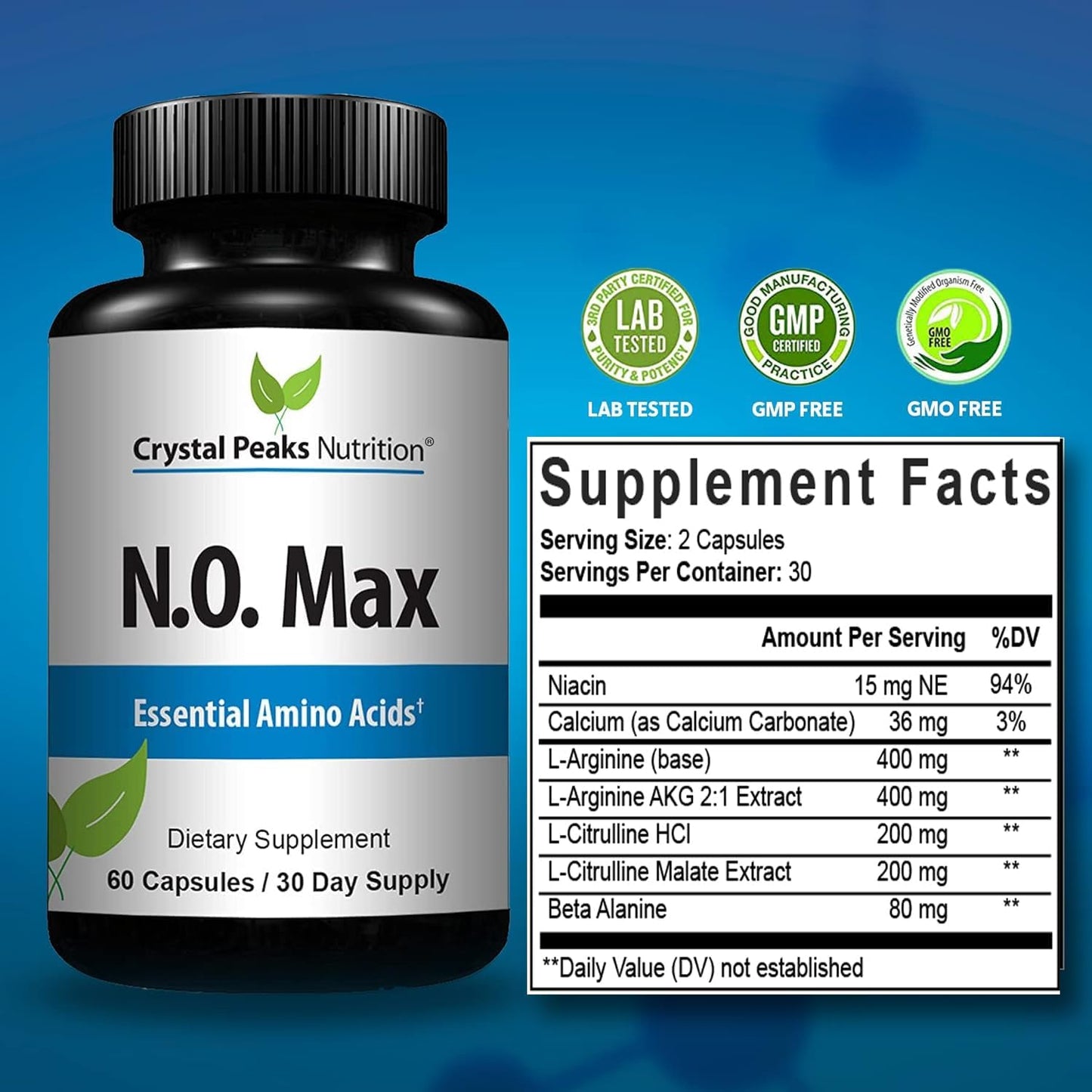N.O. Max Nitric Oxide Supplement - L Arginine, Citrulline Malate, AAKG, Beta Alanine Amino acids - 60 Capsules