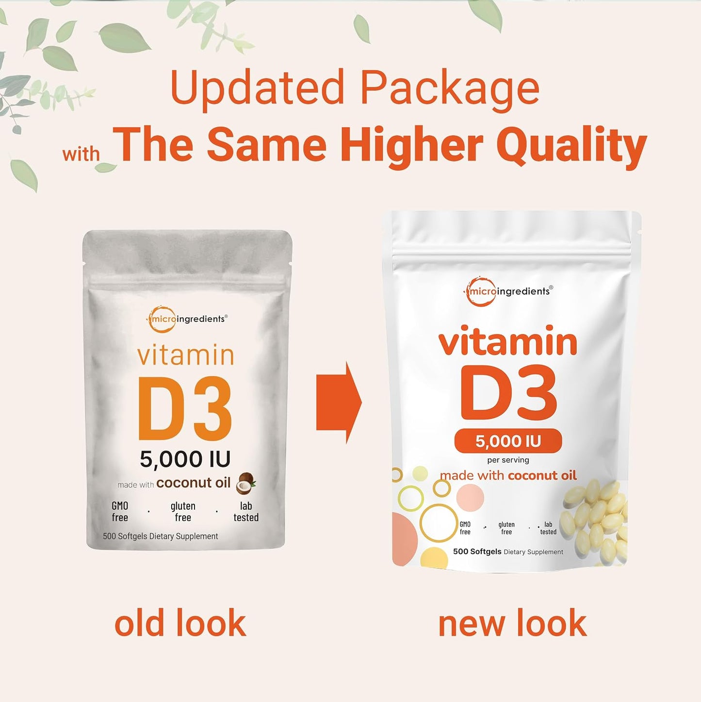 Micro Ingredients Vitamin D3 5,000 IU, 500 Softgels | Virgin Coconut Oil | Cholecalciferol Form | Bone, Immune & Heart Support | Easy to Swallow, Non-GMO