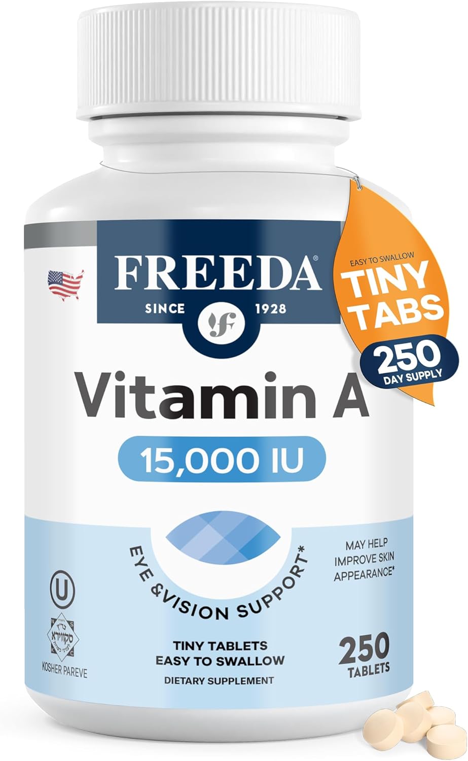 FREEDA Vitamin A 15,000 IU – Retinyl Palmitate – Vegan, Kosher, No Fish – Eye, Vision, Immune & Skin Support – Tiny Easy-to-Swallow Tablets – VIT A Vitamina A Supplement – 250 Tablets | Supports Healthy Vision, Skin, and Immune Function – Highly Absorbabl