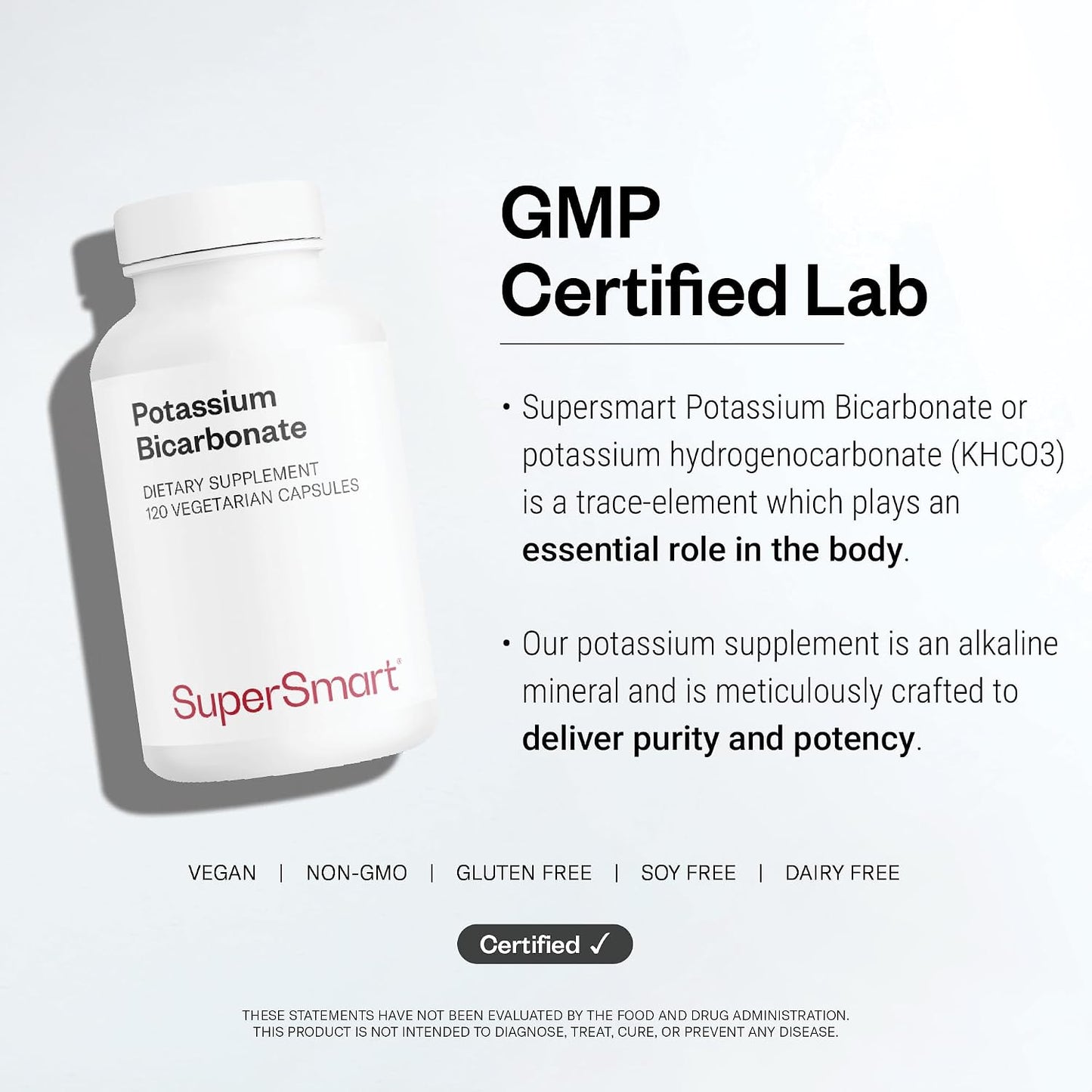 SuperSmart Potassium Bicarbonate (High Dose) - Electrolyte Mineral - pH Acid-Base Balance - Potassium Supplement | Non-GMO & Gluten Free - 120 Vegetarian Capsules