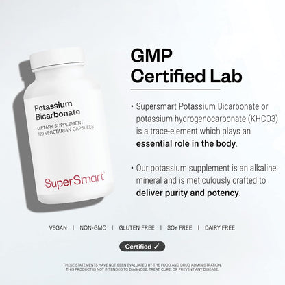 SuperSmart Potassium Bicarbonate (High Dose) - Electrolyte Mineral - pH Acid-Base Balance - Potassium Supplement | Non-GMO & Gluten Free - 120 Vegetarian Capsules
