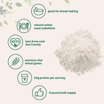 Premium Vital Wheat Gluten, 6lbs Powder | Great for Bread Making & Seitan | 24g High Protein Per Serving | Low Carb Baking Flour | Plant Based | Vegan & Keto Friendly | Non-GMO
