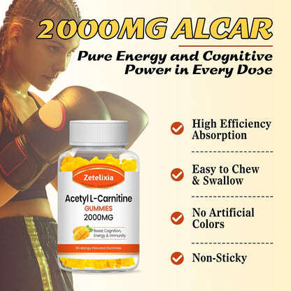 2 Pack Acetyl L-Carnitine Gummies, L-Carnitine Supplement for Women & Men, Nutrition Supplement for Boost Energy, Immunity & Brain Health, Vegan, Non-GMO, Mango Flavor, 120 Count