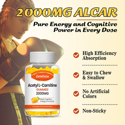 2 Pack Acetyl L-Carnitine Gummies, L-Carnitine Supplement for Women & Men, Nutrition Supplement for Boost Energy, Immunity & Brain Health, Vegan, Non-GMO, Mango Flavor, 120 Count